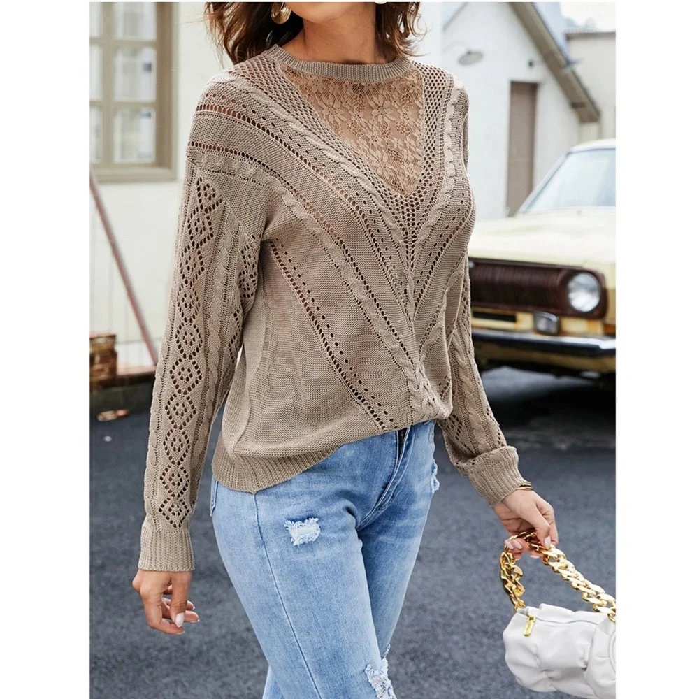Lace Detail Mocha Knit Long Sleeve Light Sweater Top - Picture 5 of 11